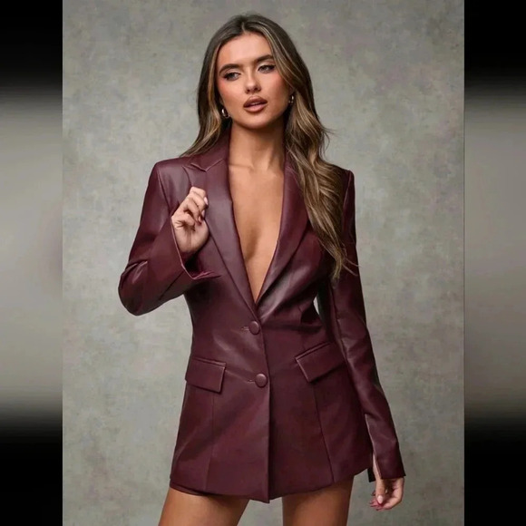 Women's Vintage Burgundy Waist Cinched PU Leather Blazer Jacket - Picture 3 of 7